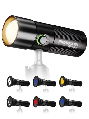 Rollei Photoolex GOBO Light, LED Taschenlampe Fotografie mit 10 Watt Leistung, 4 Farben (Rot, Blau, Gelb, Weiß), 19 GOBO Aufsätzen, 8400 mAh Akku und Diffusor für professionelle Video-Beleuchtung