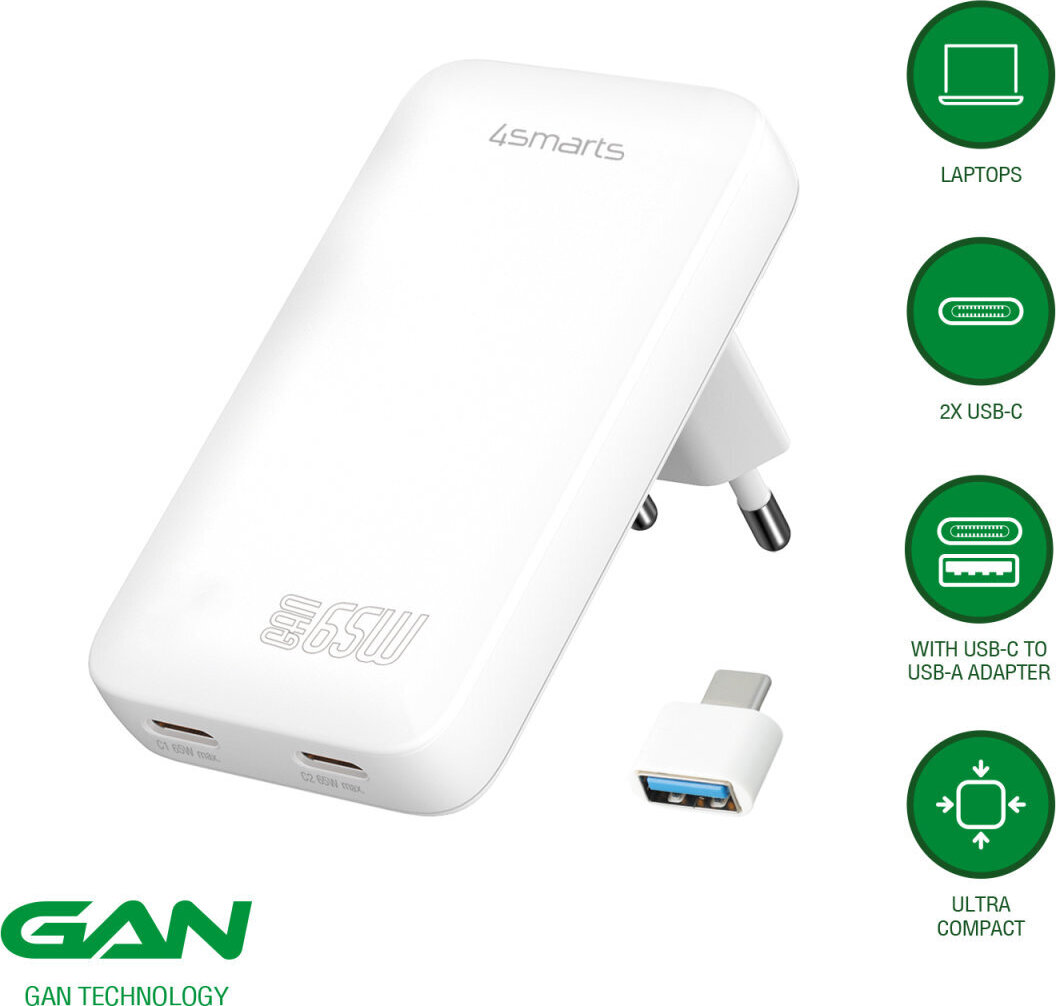 4smarts Netzladegerät FlatPlug Slim Dual 65W GaN 2C weiß - Effizientes Laden mit GaN-Technologie