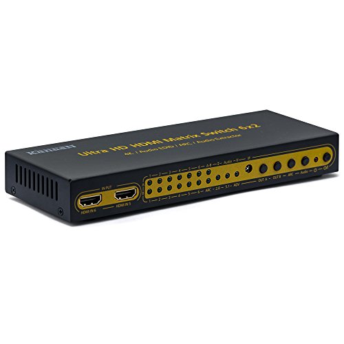 KanaaN Leicke 4K UltraHD HDMI 6x2 Matrix Switch mit Fernbedienung | 5.1 Surround SPDIF Optisch + Stereo 3.5mm Klinke Audioausgang | Arc und Pip | FullHD, UHD, 4K, 4K*2K | HDMI 1.4 Standard | HDCP 2.0