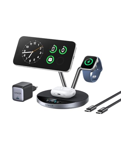 Anker Prime 3-in-1 Ladegerät, MagSafe-kompatible kabellose Ladestation mit 25W Schnellladung, Smart Display und TEC-Aktivkühlung für iPhone 17, Apple Watch, AirPods und mehr