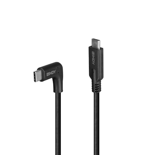 LINDY 0.5m USB 3.2 Typ C Kabel, 90 Grad gewinkelt, schwarzes Rundkabel mit 10 Gbit/s Datenübertragungsrate