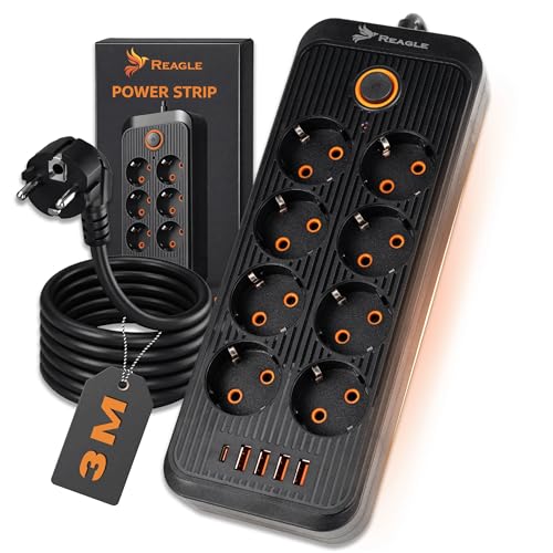 Reagle Steckdosenleiste 8-Fach 230V mit 5 USB-Anschlüssen, Save Energy-Schalter und Überspannungsschutz, 3m Kabel, schwarz
