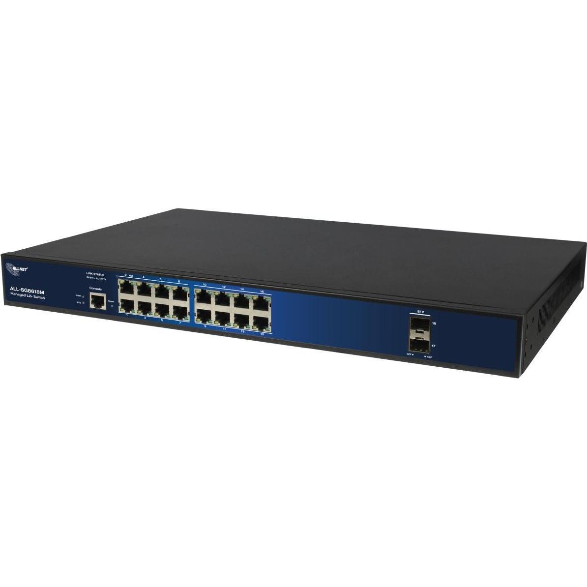 Allnet All-SG861, Voll verwalteter 16-Port Gigabit Switch mit 2 SFP-Ports, lüfterlos, 19 Zoll, VLAN-Management, IGMP-Snooping, QoS