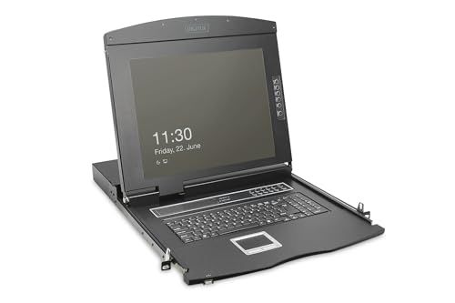 DIGITUS 19" KVM-Konsole, FullHD 1920x1080, 16 Port VGA-Switch mit GE-Tastatur für 19 Zoll Netzwerkschränke, Schwarz