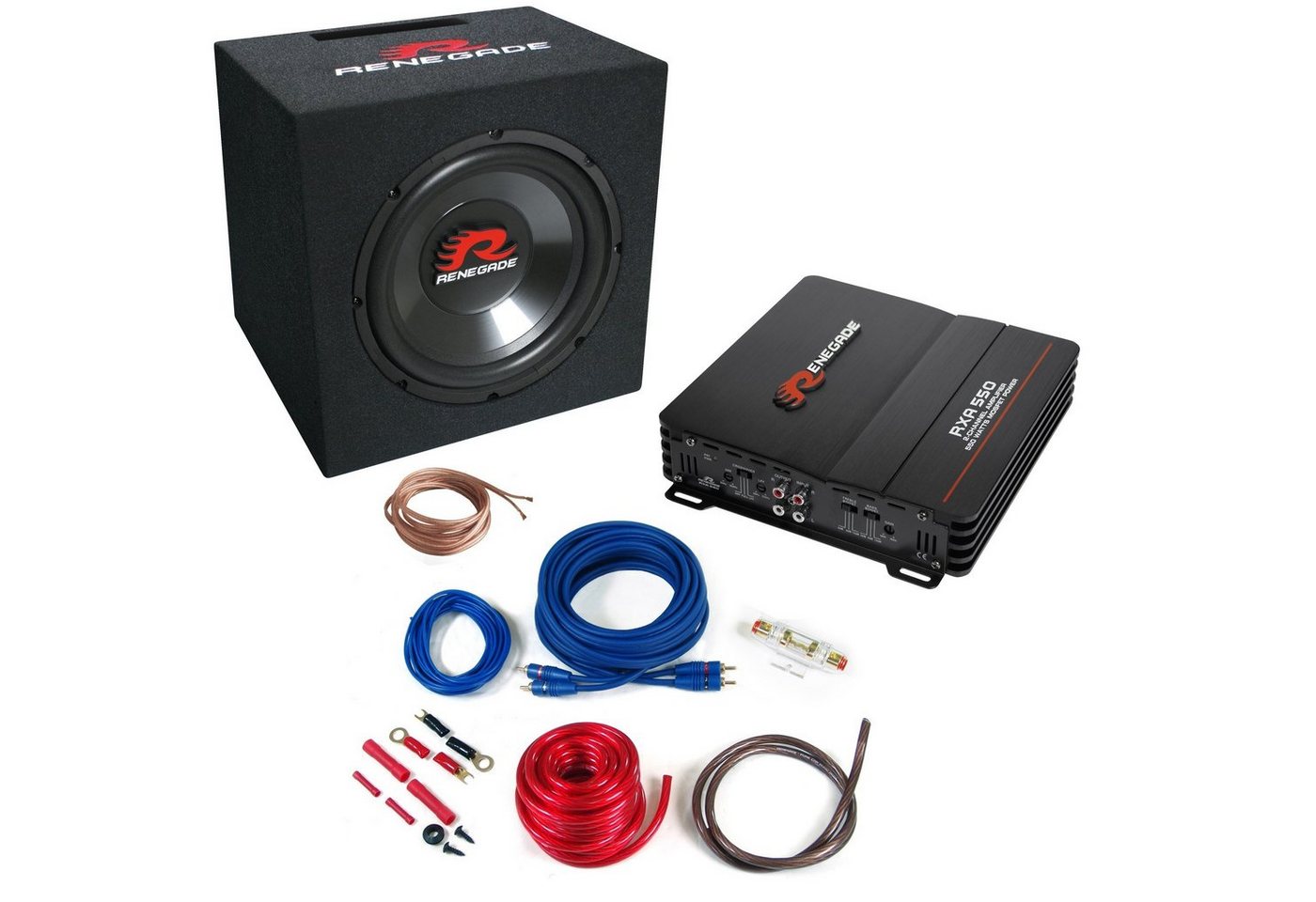Renegade RBK550XL Basspaket, 2-Kanal Class A/B Verstärker mit 550 Watt Maximalleistung und 25 cm Subwoofer