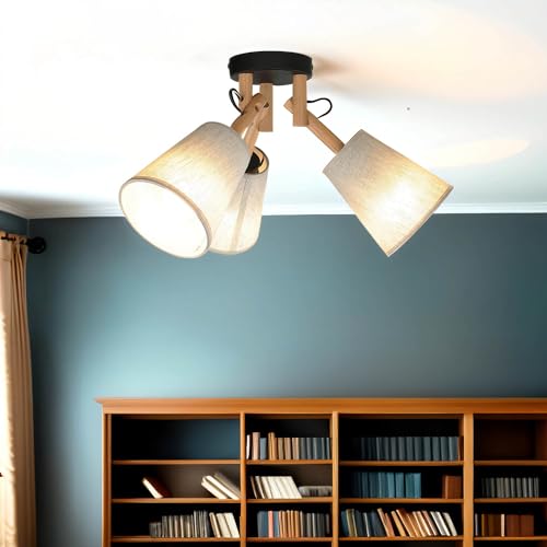 Licht-Erlebnisse VAIO Deckenleuchte 3-flammig aus Holz & Leinen in Grau-Braun D:46cm, verstellbar
