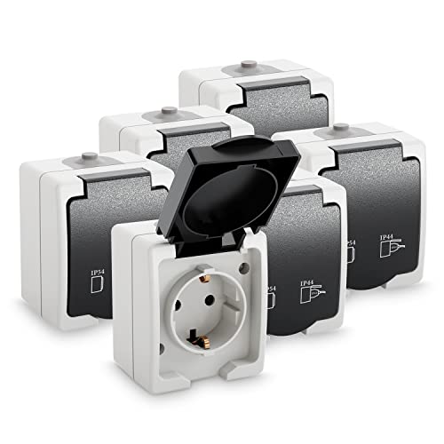 greate 6x Aufputz Steckdose 1fach für Feuchtraum - AP Steckdose mit Klappdeckel IP44, 250V, 16A, 2 polig - 6er Set, grau, spritzwassergeschützt, ideal für Feuchträume und Außenbereiche