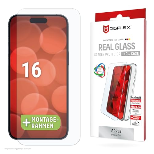 Displex Panzerglas (10H) + Schutzhülle für Apple iPhone 16, Eco-Montagerahmen, + Case, Tempered Glas, Kratzer-resistente Schutzfolie, Displayschutzfolie von Displex
