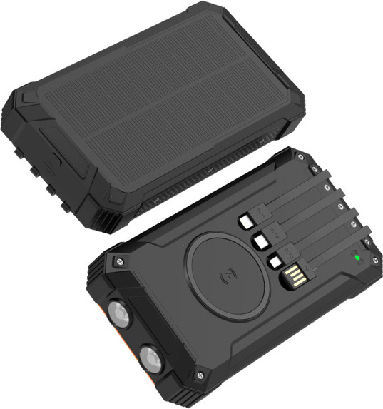 Denver PSC-20012 Powerbank 20.000 mAh, mit 4 integrierten Kabeln, kabellosem Laden, Solarpanel und LED-Taschenlampe, Schwarz