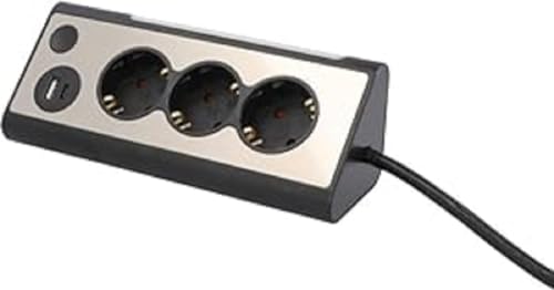 UNITEC Eck-Tischsteckdose mit 3 Steckdosen, 2 USB-Anschlüsse, Touch-Schalter und LED-Beleuchtung, Edelstahlfront, IP20, 3.680 W