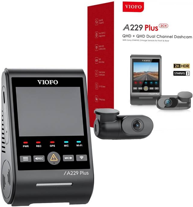 VIOFO A229 PLUS 2CH, 2K Dashcam mit Dual Sony STARVIS 2 Sensoren, WiFi, GPS, Sprachsteuerung, Schwarz