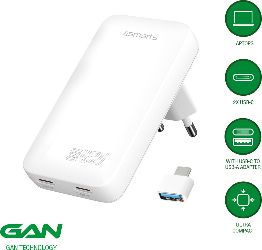 4Smarts Netzladegerät FlatPlug Slim Dual 45W GaN 2C weiß - Effizientes Laden mit GaN-Technologie