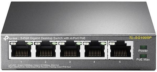 TP-Link TL-SG1005P 5-Port Gigabit PoE Switch (5 Anschlüsse mit 10- 100- 1000 Mbit-s, 4 davon mit PoE-Unterstützung, Plug-and-Play, Metallgehäuse)