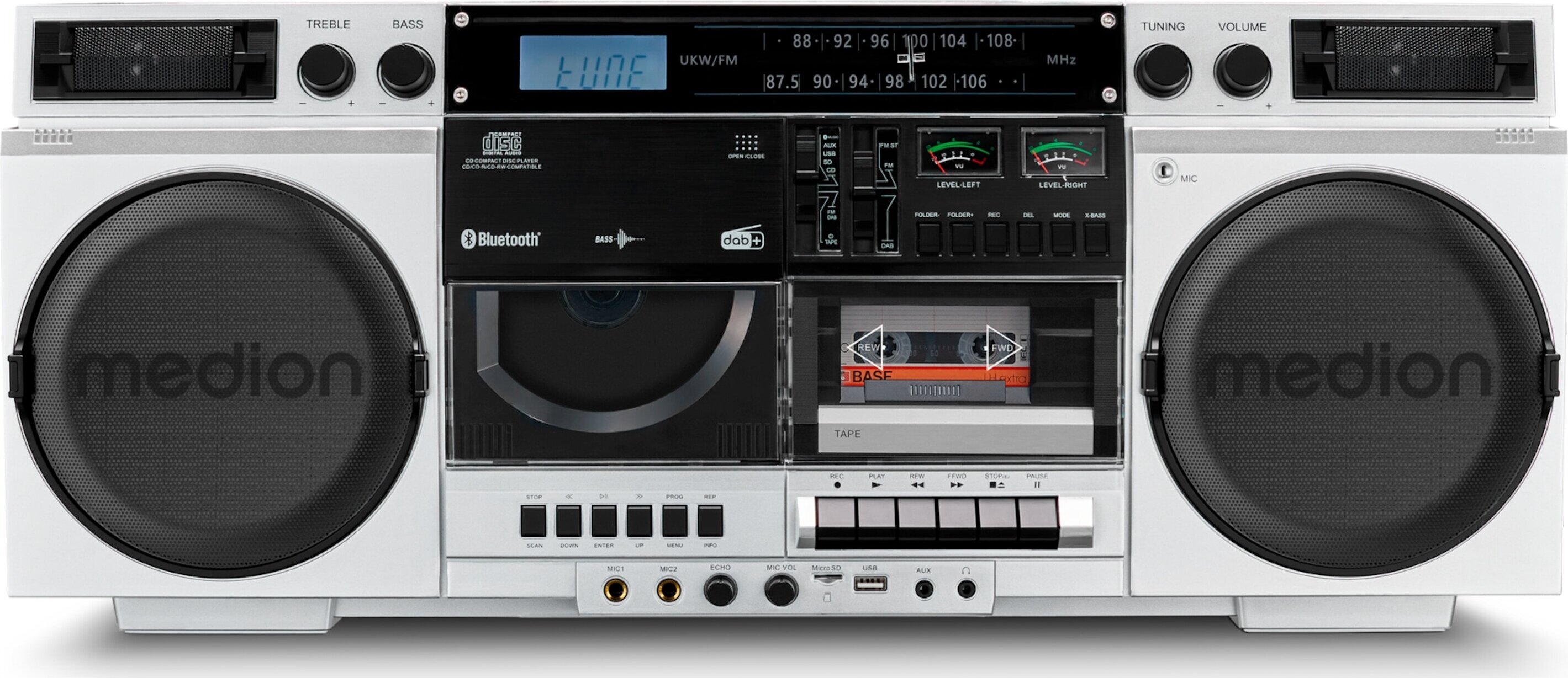 MEDION P66538 Kassettenrecorder Retro Ghettoblaster, CD-Player, Bluetooth, USB, SD, DAB+ Radio, Aufnahmefunktion, batteriebetrieben