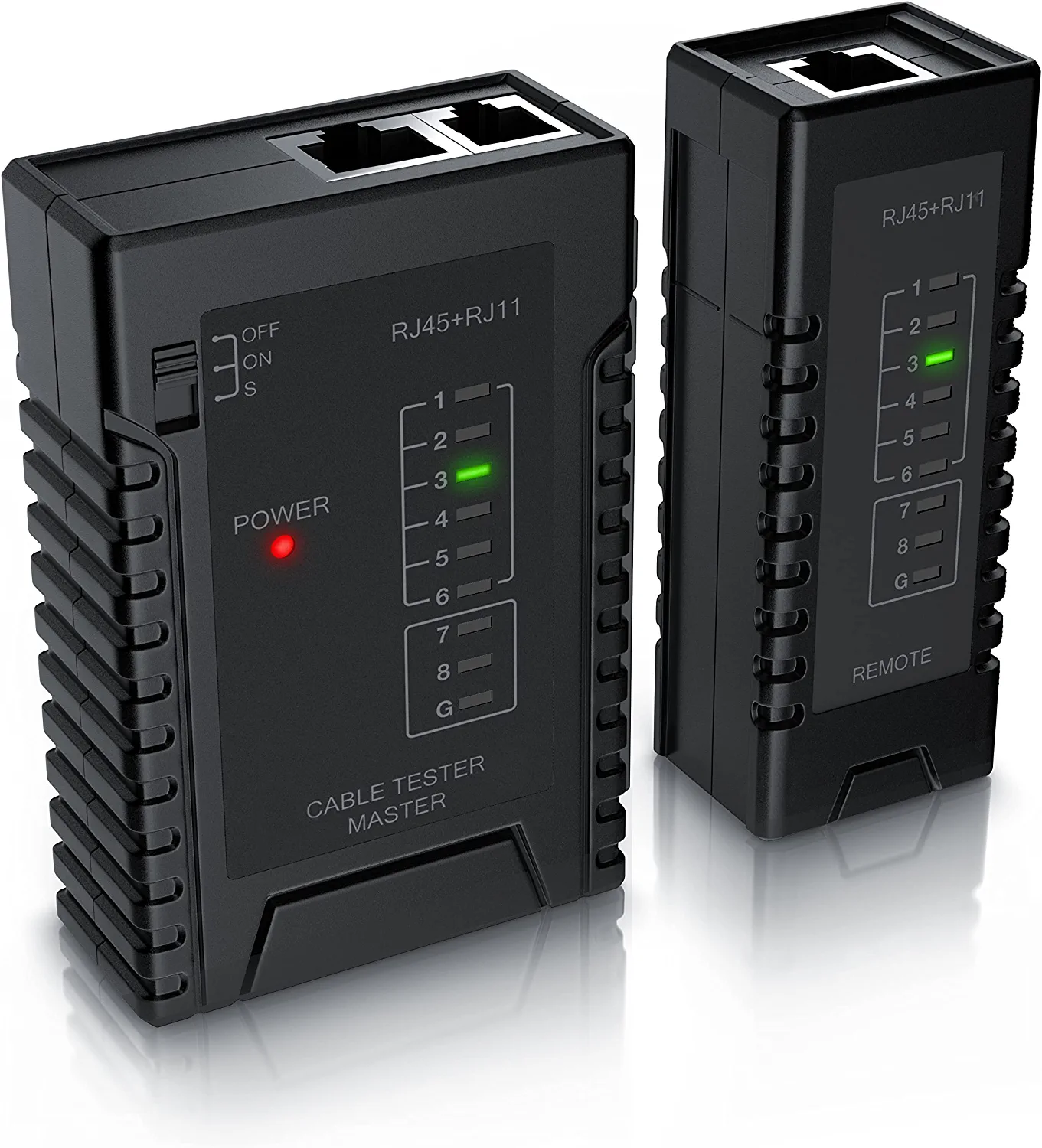 CSL Netzwerk Kabeltester für RJ45 RJ11-Kabel - Patchkabel-Tester Leitungstester - LAN Network Cable Tester - Zwei Verschiedene Geschwindigkeiten - Wahlschalter On Off - schwarz