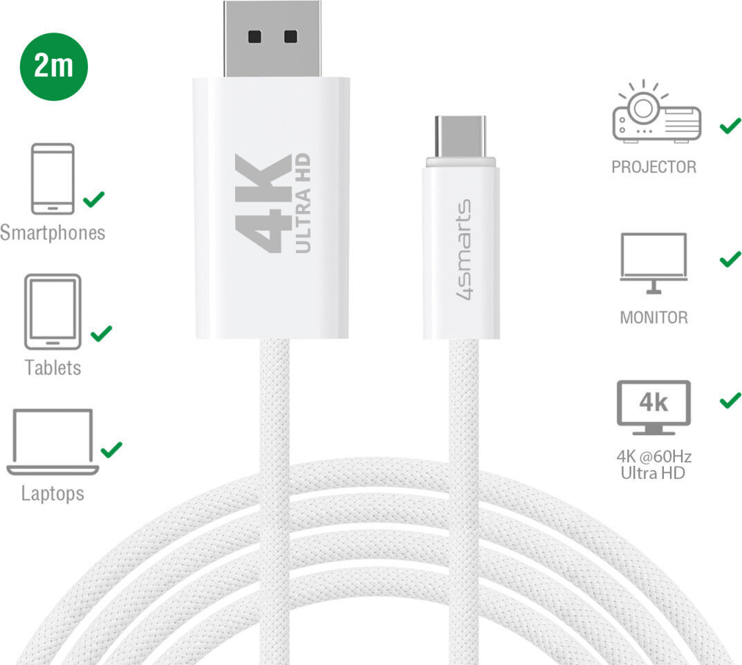 4Smarts Multimedia USB-C auf Display Port Kabel, 2 m, 4K@60 Hz, weiß