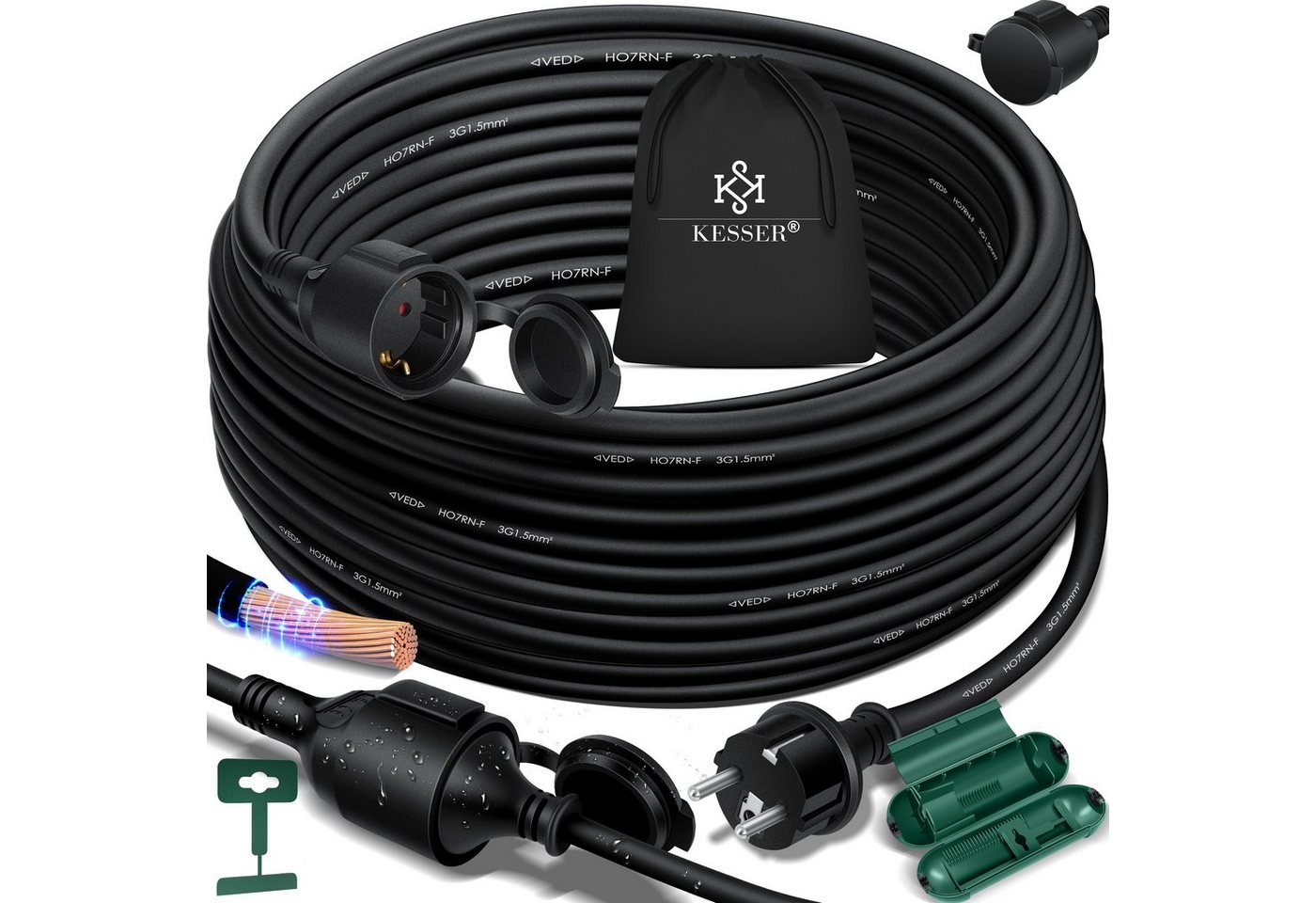 KESSER Verlängerungskabel (30 cm) Outdoor, wetterbeständig, IP44, flexibel, Öl- und UV-resistent