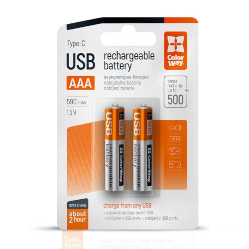 ColorWay AAA USB-C Akku, 590mAh, 1,5V, 500x Wiederaufladbar, 2 Stück, Schwarz