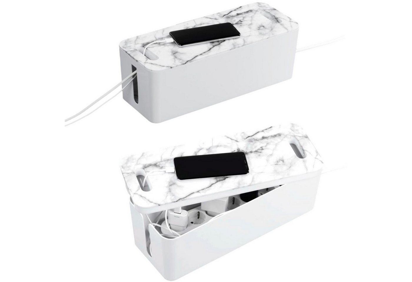 Hama Kabelbox Marmor-Design Kabelmanager Ladebox Mehrfachsteckdose, Kabel-Organizer Kabelmanagement Kabel-Aufbewahrung Kabelkasten Büro, Weiß