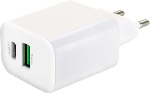 SCHWAIGER 230 V USB Ladegerät mit Fast Charge QC 3.0 weiß, GS geprüft, für paralleles Laden von zwei Geräten geeignet
