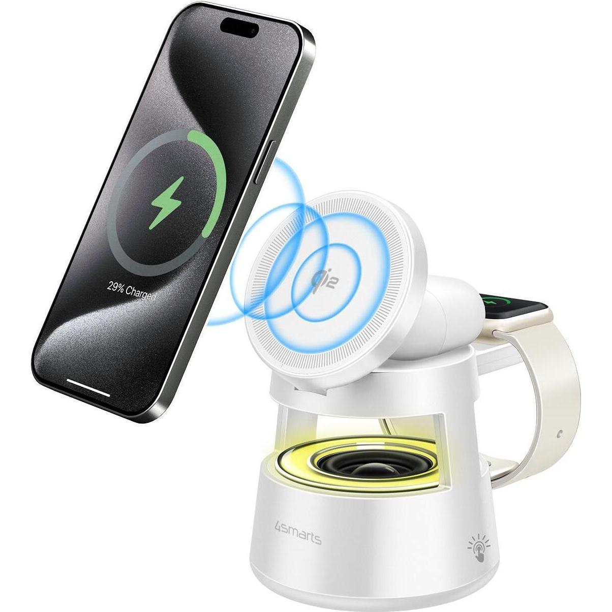 4smarts Wireless Charger Aura Sound, Qi2 Induktionsladegerät mit MagSafe, 15 W, Weiss, für bis zu 3 Geräte gleichzeitig