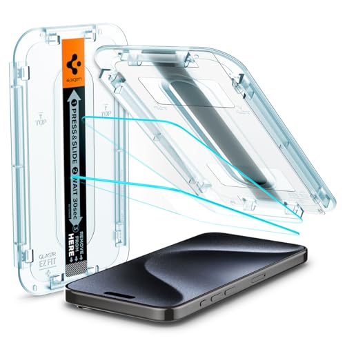 Spigen Glas.tR EZ Fit Displayschutzfolie für iPhone 15 Pro, 2 Stück, Kratzfest, 9H Härte, Transparent