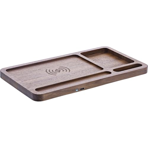 InLine® WoodCharge Organizer mit integrierter Qi-Ladefläche aus Walnuß-Holz - Kabelloses Laden und praktische Stauraumflächen