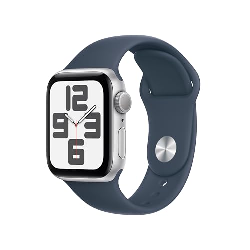 Apple Watch SE GPS (2. Generation), 40 mm Aluminiumgehäuse Silber, Sportarmband Sturmblau, M/L
