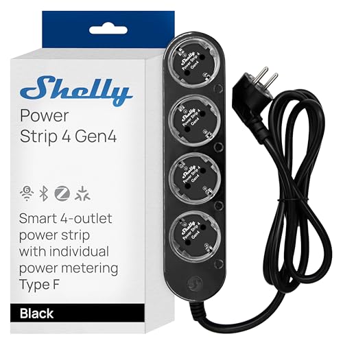 Shelly Power Strip 4 Gen4 Schwarz, WLAN & Matter Mehrfachsteckdose mit 4 Fach, Leistungsmessung, 16A, 3500W, Zeitschaltuhr, Zigbee, Sprachsteuerung über Alexa, Google & Apple, kein Hub erforderlich