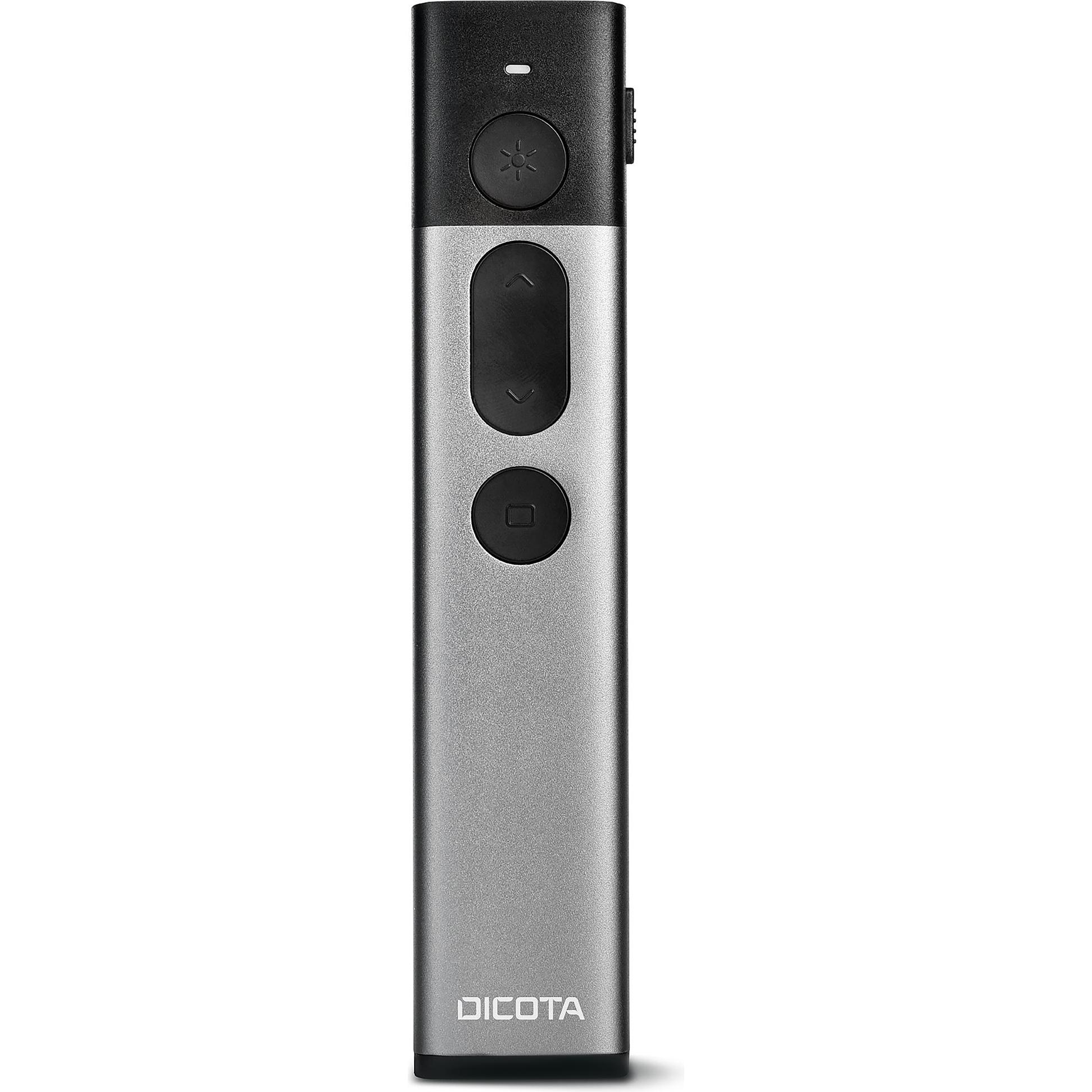 Dicota Presenter, Wireless Laser Presenter mit wiederaufladbarem Akku, Aluminiumgehäuse, grüner Laserpointer, 30 m Reichweite, 2,4-GHz-Technologie