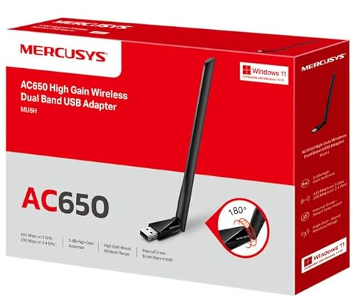 MERCUSYS MU6H AC650, WiFi-USB-Adapter mit hoher Verstärkung, Dual-Band, bis zu 200 Mbps auf 2,4 GHz und 433 Mbps auf 5 GHz, kompatibel mit Windows 11/10/8.1/8/7/XP