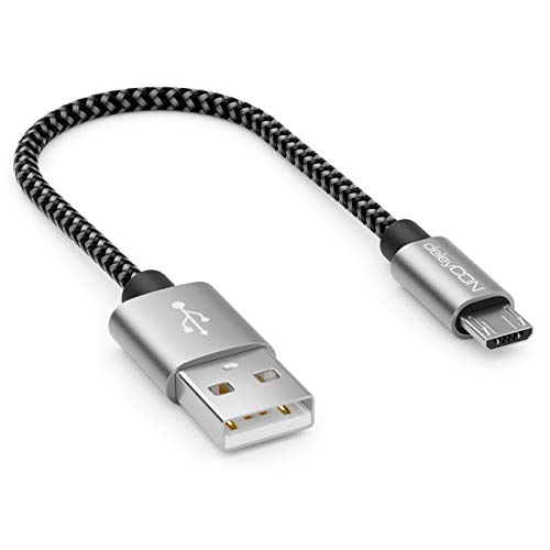 deleyCON 0,15m Nylon Micro USB Kabel, Ladekabel & Datenkabel mit robusten Metallsteckern, schwarz, bis 2,1A Ladegeschwindigkeit, kompatibel mit Handy, Smartphone, Tablet