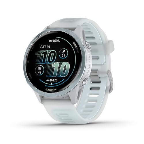 Garmin® Forerunner® 570, 42 mm, GPS-Lauf- und Triathlon-Smartwatch mit AMOLED-Display, wolkenblaues Aluminium und durchscheinendem Weißstein, integriertes Mikrofon, Trainings- und Erholungsfunktionen