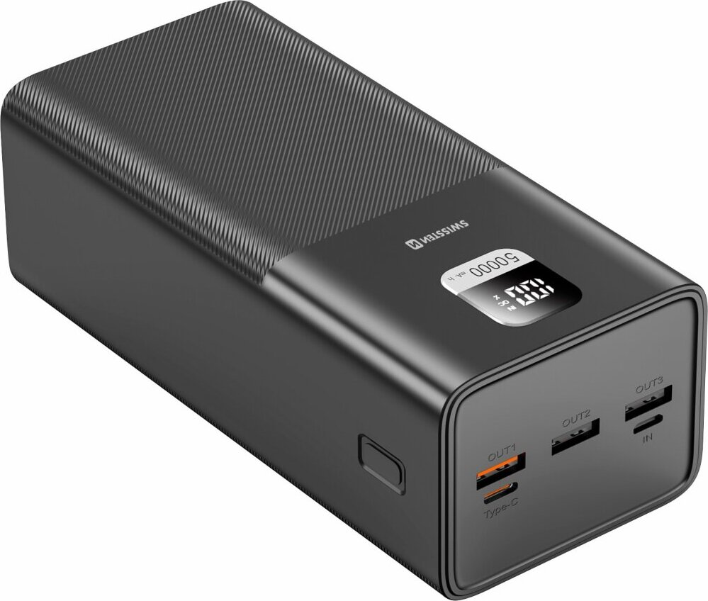 Swissten 40.000mAh Powerbank USB und USB-C 100W Ladegerät, flammhemmendes ABS+PC-Material, 3 USB-A und 1 USB-C Ausgang, 830 g, schwarz