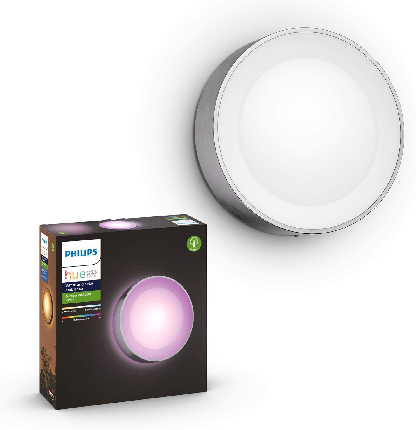 Philips Hue White and Color Ambiance Daylo LED Außenwandleuchte Daylo, bis zu 16 Mio. Farben, steuerbar via App, kompatibel mit Amazon Alexa (Echo, Echo Dot), silber