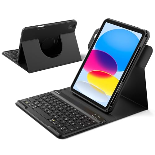 Inateck Hülle mit Tastatur für iPad 11 A16 2025 und iPad 10. Gen. 2022, 360° Drehung, vertikaler/horizontaler Ständer, mit Stifthalter, magnetisch abnehmbar, QWERTZ, N0029