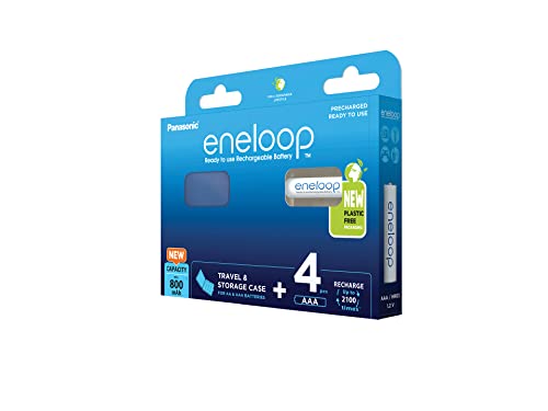 Panasonic eneloop, Ready-to-Use Ni-MH Akku, AAA/Micro, 4er-Pack mit Box, verbesserte Kapazität, 2100 Ladezyklen, hohe Leistung & geringe Selbstentladung, wiederaufladbar, plastikfreie Verpackung
