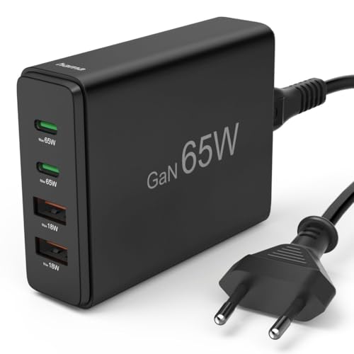 Hama Ladestation 4 Ports, GaN Schnellladegerät mit 2x USB-C und 2x USB-A, 65 W, schwarz