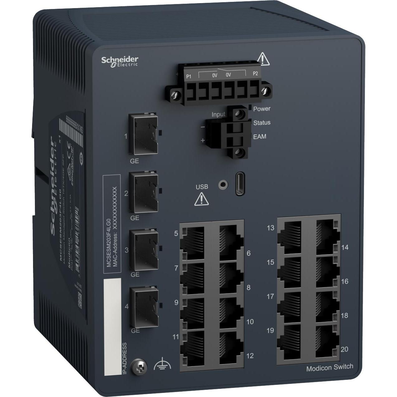 Schneider Electric MCSESM203F4LG0, Managed Netzwerk Switch mit 16 Ports, 4 SFP-Ports, 1 Gbit/s, DIN-Schienenmontage