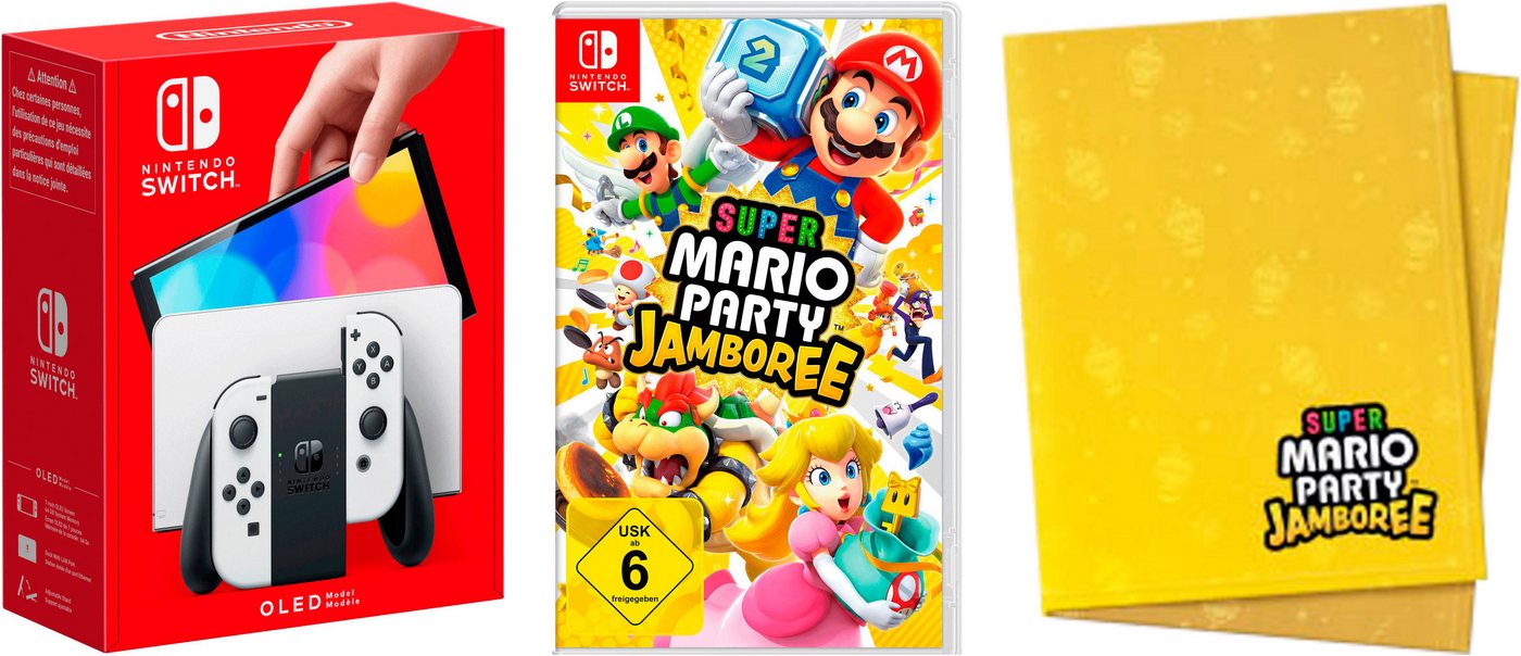 Nintendo Switch OLED, Konsole mit 7-Zoll-OLED-Bildschirm, weiß, inkl. Mario Party Jamboree und exklusiver Nintendo Decke