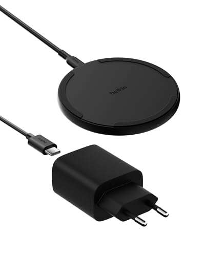 Belkin Kabelloses Ladepad (15 W), Qi Ladestation für iPhone 16/15/14/13, Samsung Galaxy S25/S24, inklusive 20-W-Netzteil und USB-C-Kabel, Schwarz