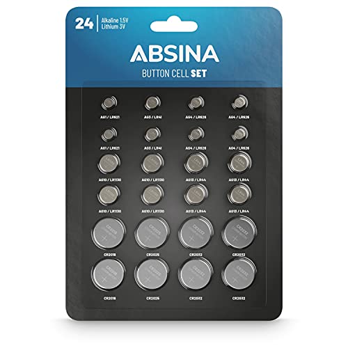 ABSINA 24er Pack Alkaline & Lithium Knopfzellen - 2X AG1 / 2X AG3 / 4X AG4 / 4X AG10 / 4X AG13 / 2X CR2016 / 2X CR2025 / 4X CR2032-1,5V & 3V Knopfzelle Sortiment auslaufsicher - Knopfbatterien