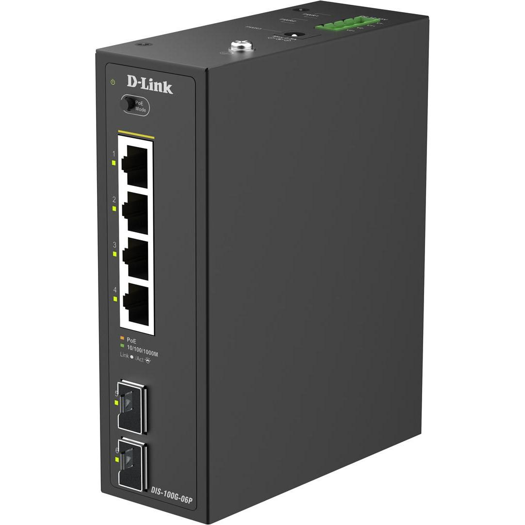 D-Link 6-Port Gigabit Industrial Switch, unmanaged mit Power over Ethernet (PoE+), 12 Gbit/s Switching-Kapazität, Schwarz