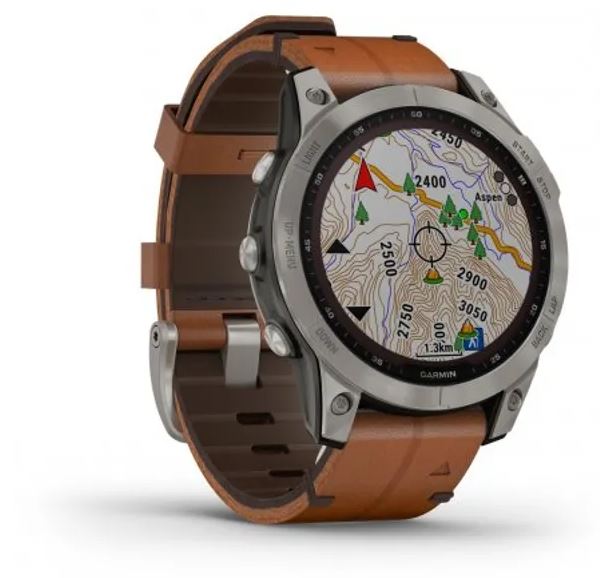 Garmin fenix 7 Sapphire Solar Smartwatch GPS, Unisex, 47mm, Titangehäuse, Lederarmband, Titansilber/Braun (010-02540-31)