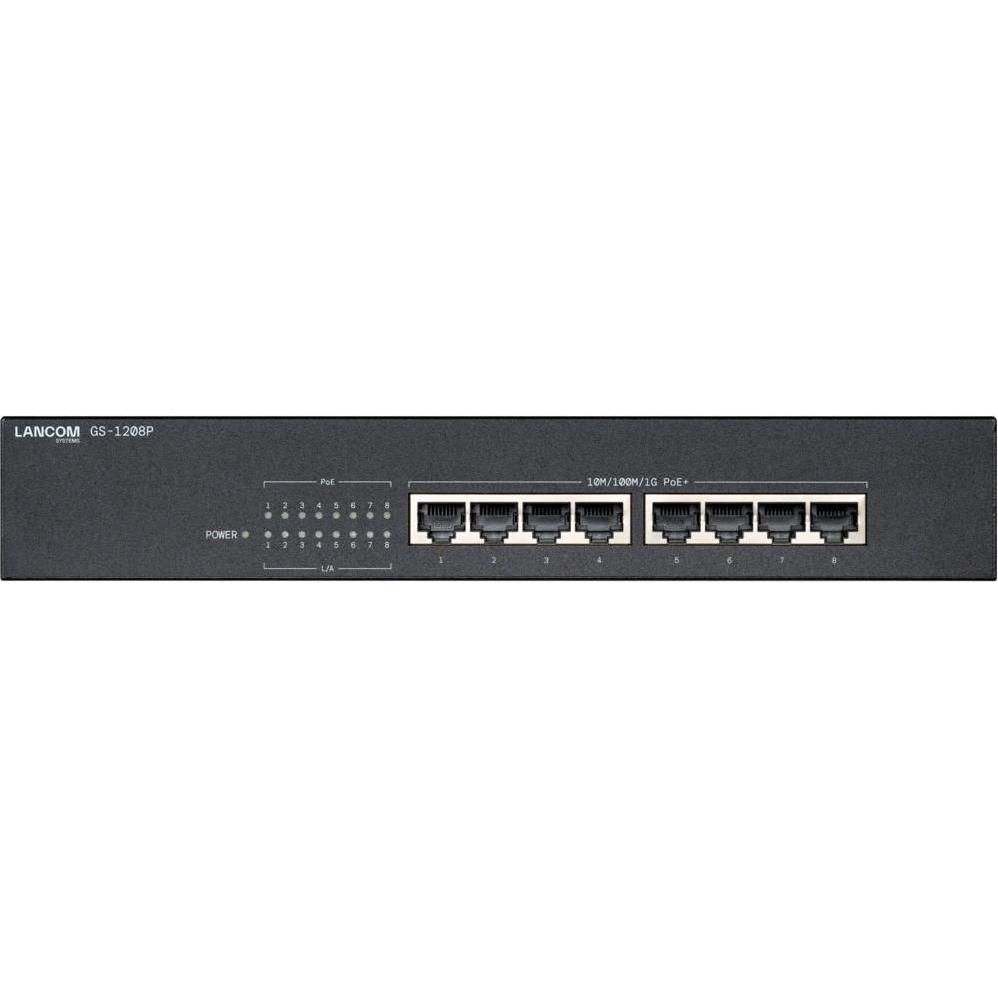 Lancom Systems LANCOM Switch GS-1208P, 8-Port GBE PoE lüfterlos, schwarze Bauweise für geräuscharmen Betrieb