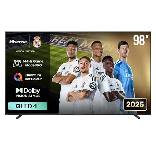 Hisense 98E7Q QLED Smart TV, 248 cm (98 Zoll), 144 Hz Gaming-Modus, integrierter Subwoofer, Dolby Vision, Dolby Atmos, Sportmodus, Sprachsteuerung Alexa, Bluetooth, HDMI 2.1