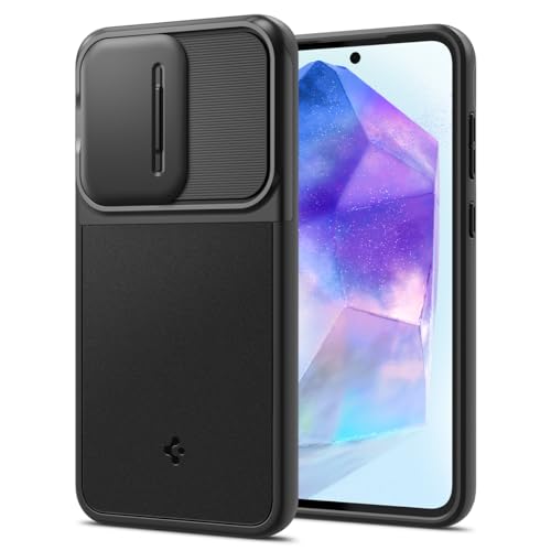 Spigen Optik Armor Hülle Kompatibel mit Samsung Galaxy A55 5G -Schwarz, Schutzhülle mit verschiebbarer Abdeckung und Air Cushion Technologie