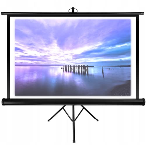 OVERMAX Tripod Screen 60” EIN Projektionsschirm mit Stativ 60 Zoll 116×87 cm Dreibein-Stativ, automatisches federbelastetes Aufrollen, weißes Mattes Segeltuch