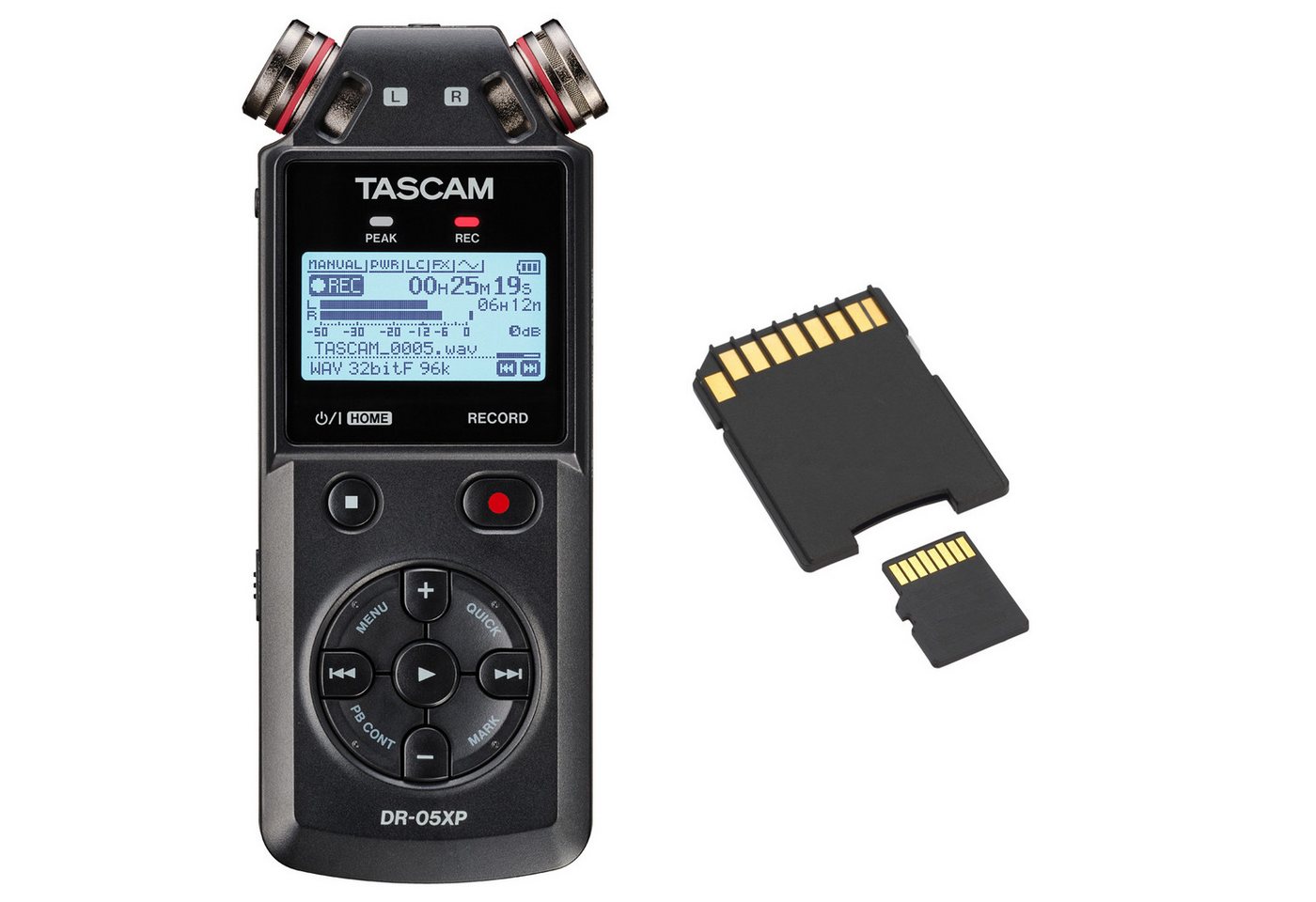 Tascam DR-05XP, tragbarer 2-Kanal Audio-Recorder mit 32-Bit-Float Aufnahmen, 125 dB SPL, USB-C und 32 GB SD-Karte