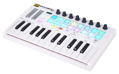 Miditech Garagekey PAD, USB Midi-Controller mit 25 anschlagdynamischen Minitasten, 16 RGB-Pads, 8 Drehreglern und OLED-Display